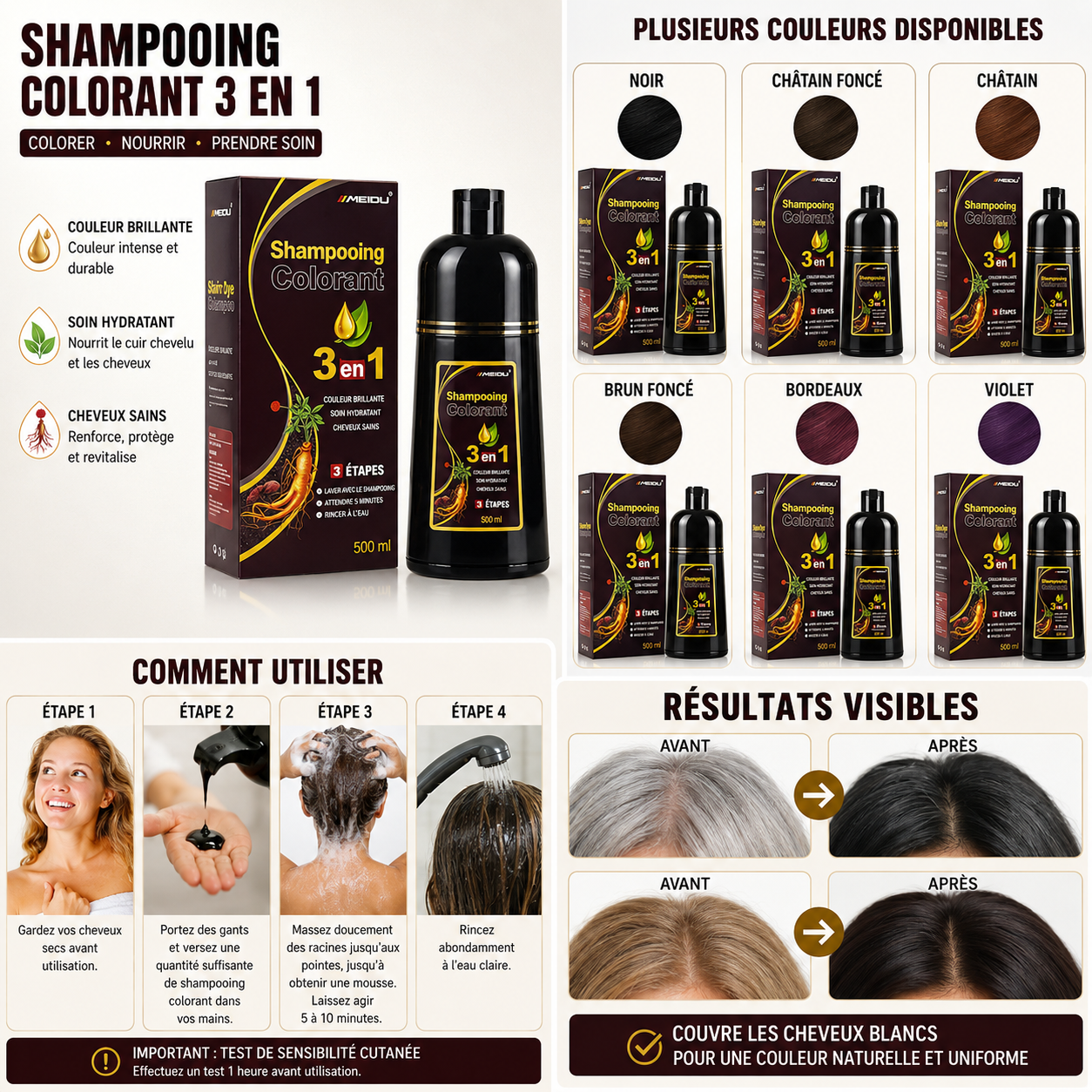 Shampoing Anti-Cheveux Gris 3 en 1 - Colorant Naturel et Couvrance Rapide