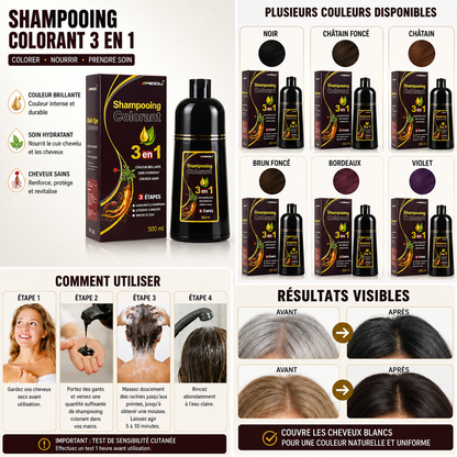 Shampoing Anti-Cheveux Gris 3 en 1 - Colorant Naturel et Couvrance Rapide